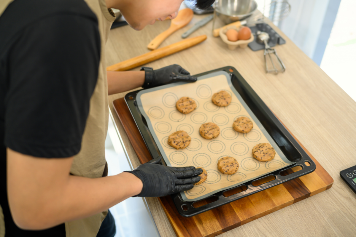 Chocolate chip cookie dough chilling before baking