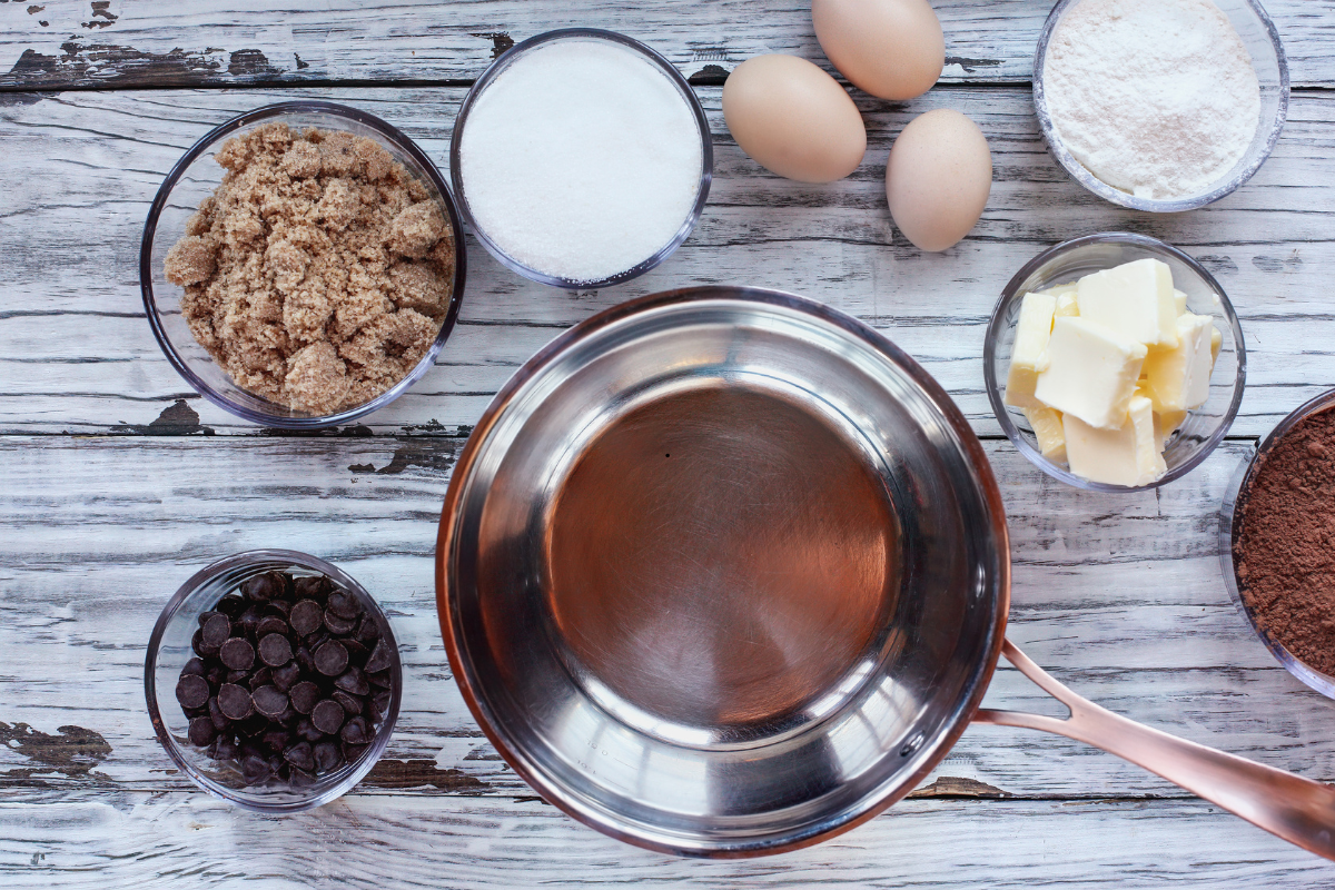 Ingredients for best fudgy brownie recipe from scratch