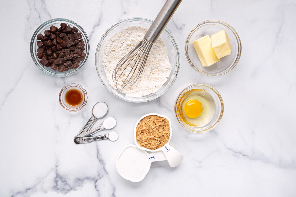 Ingredients for soft and chewy chocolate chip cookies recipe