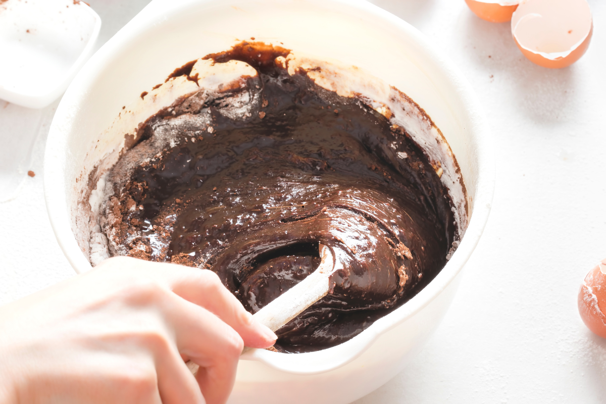 Mixing batter for best fudgy brownie recipe from scratch