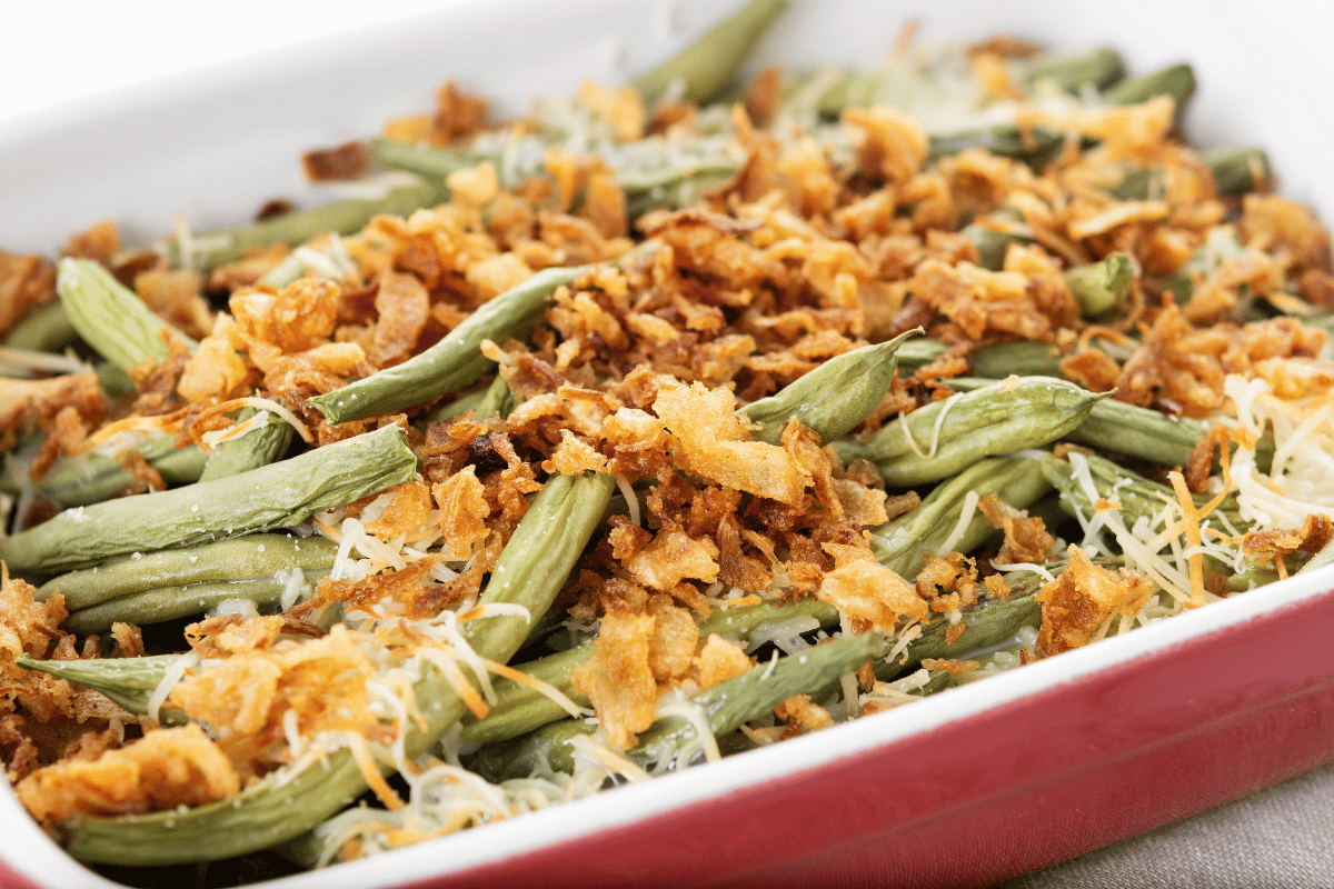Homemade green bean casserole for Thanksgiving dinner.