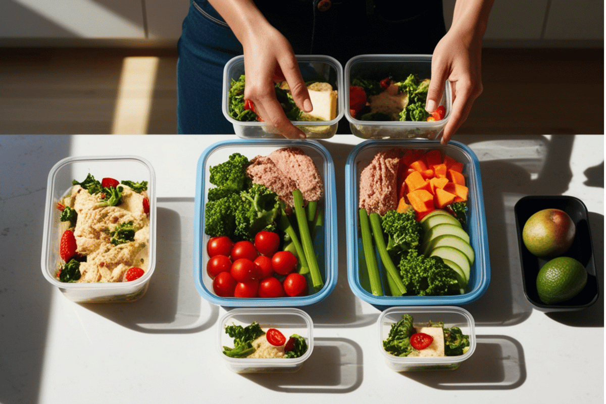 Supplies needed for freezer meal prep recipes including containers and freezer bags