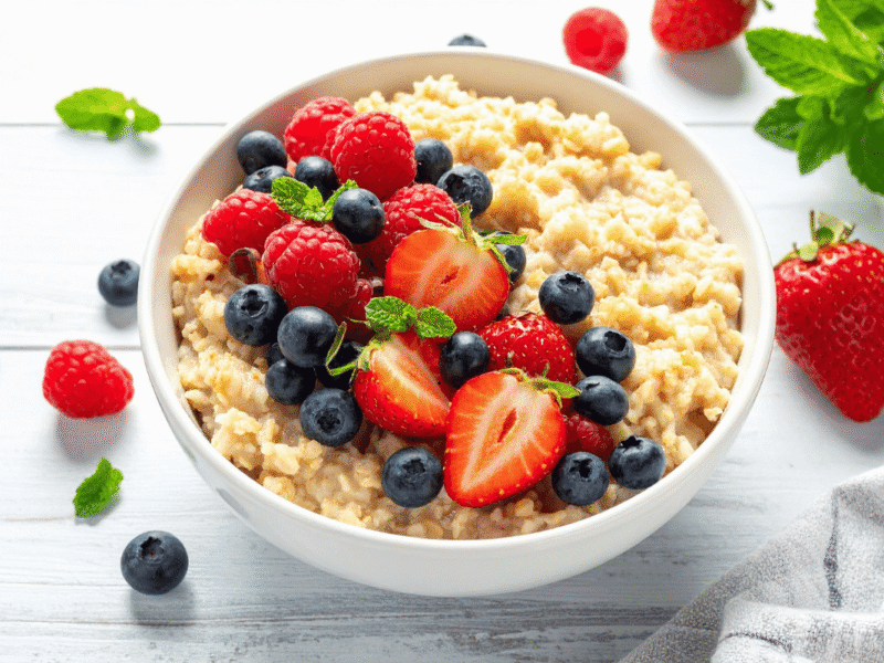 Healthy high-fiber breakfast recipes with oats, fruit, yogurt, and whole grains