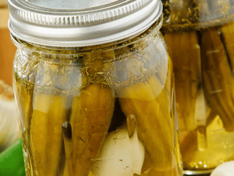 Garlic dill pickled okra recipe in a glass jar