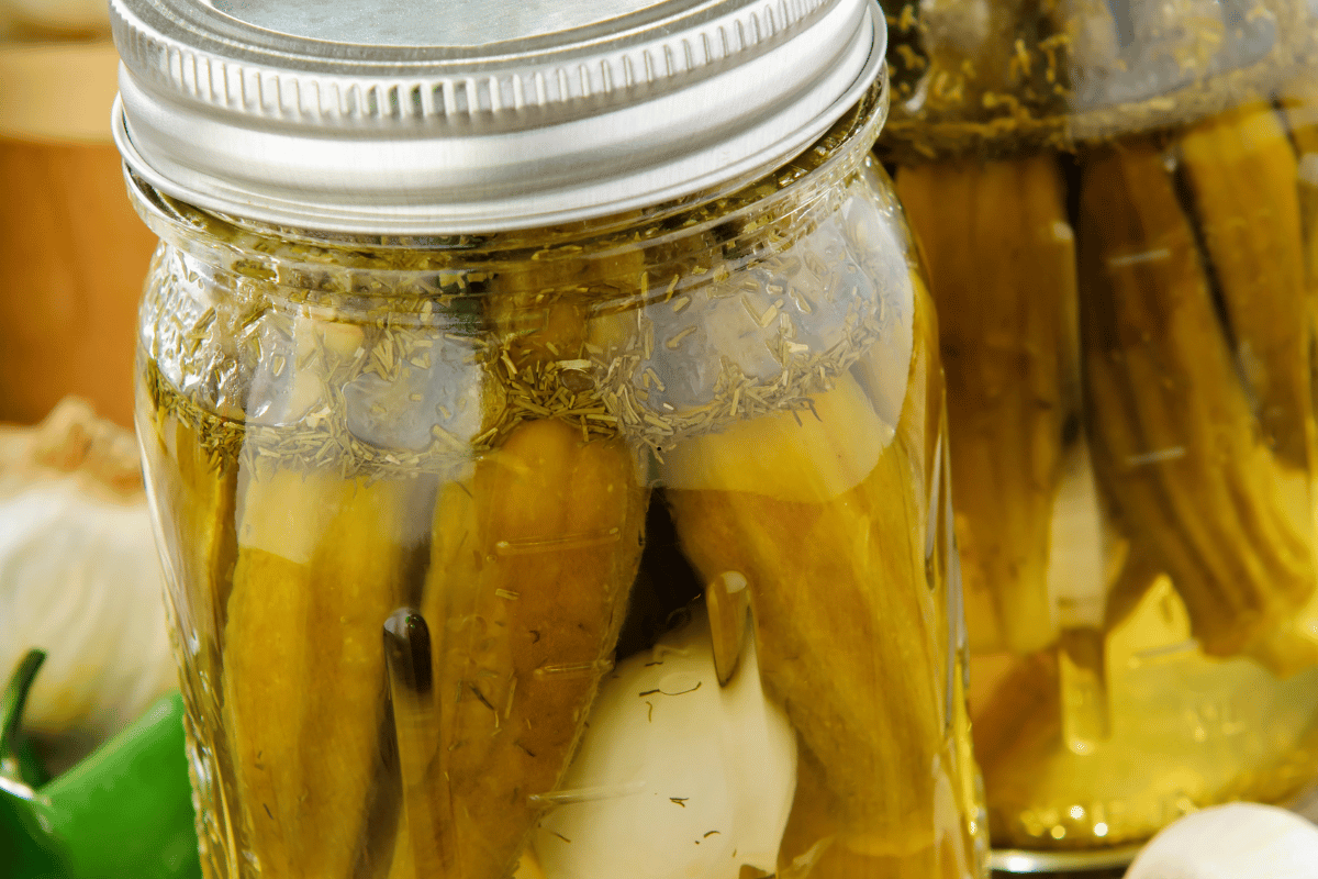 Garlic dill pickled okra recipe in a glass jar