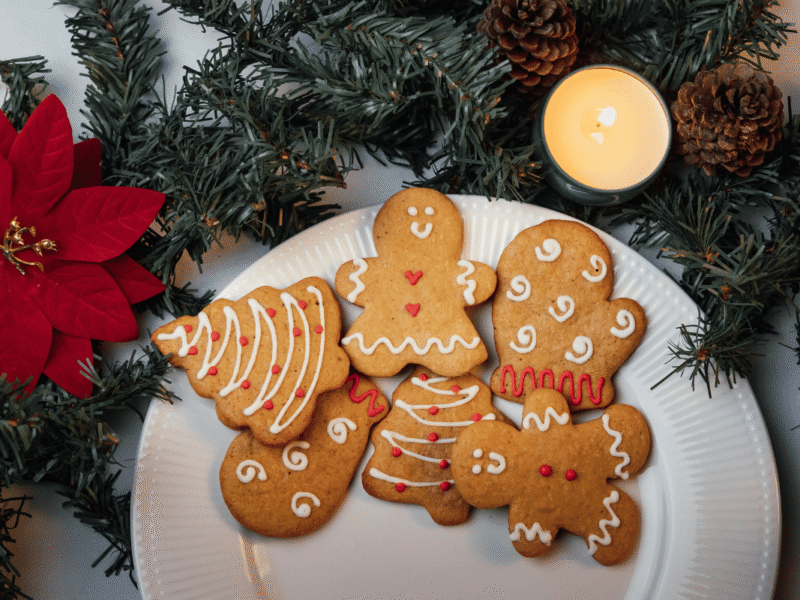 Classic gingerbread cookies decorated for Christmas