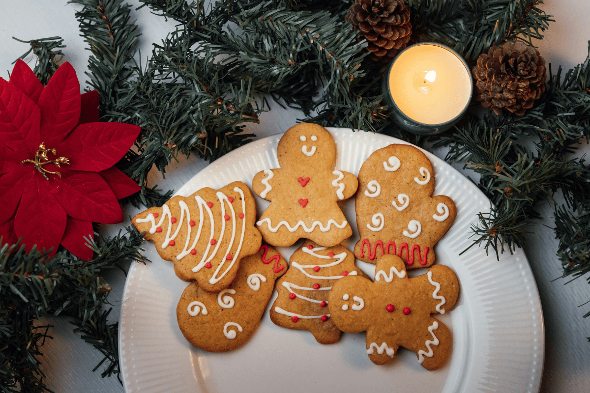 Classic gingerbread cookies decorated for Christmas