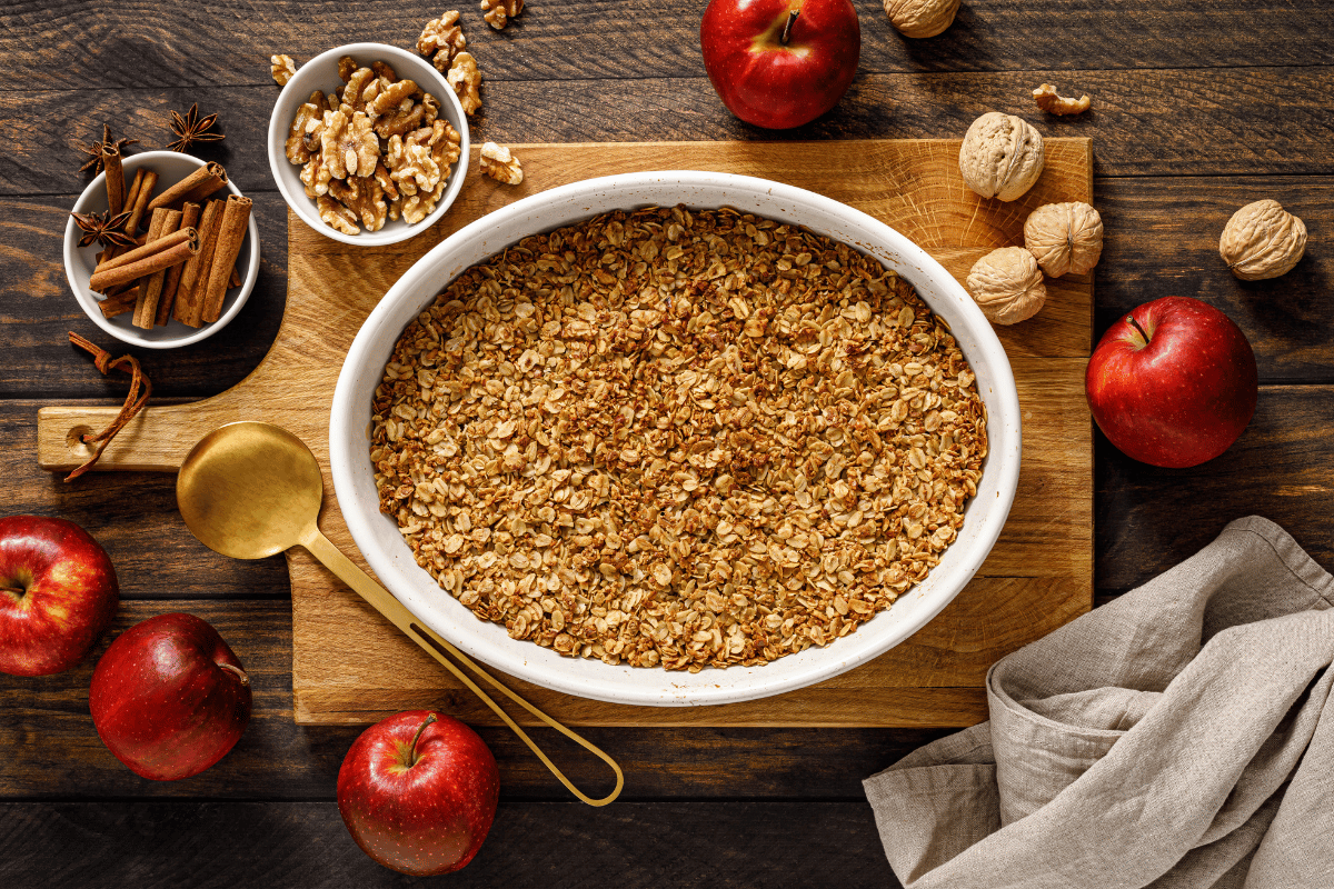 Apple cinnamon oatmeal topped with walnuts