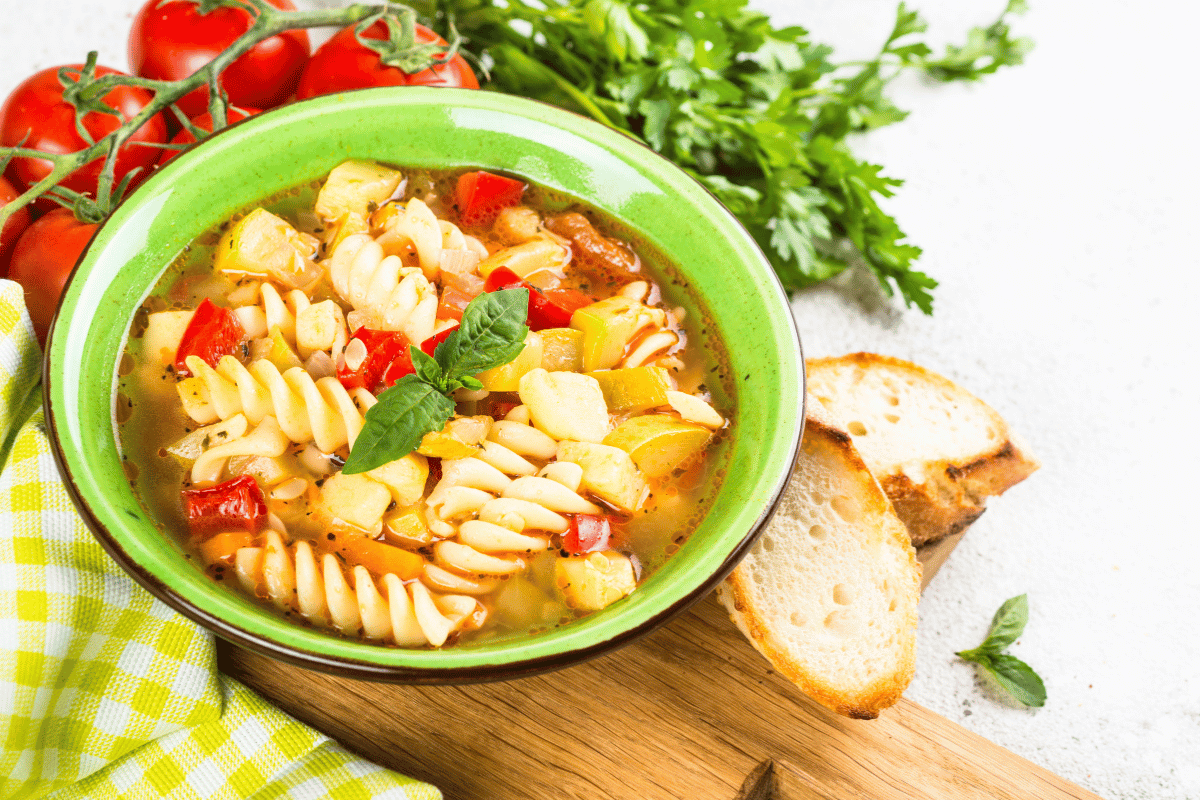 Italian minestrone soup with vegetables, beans, and pasta