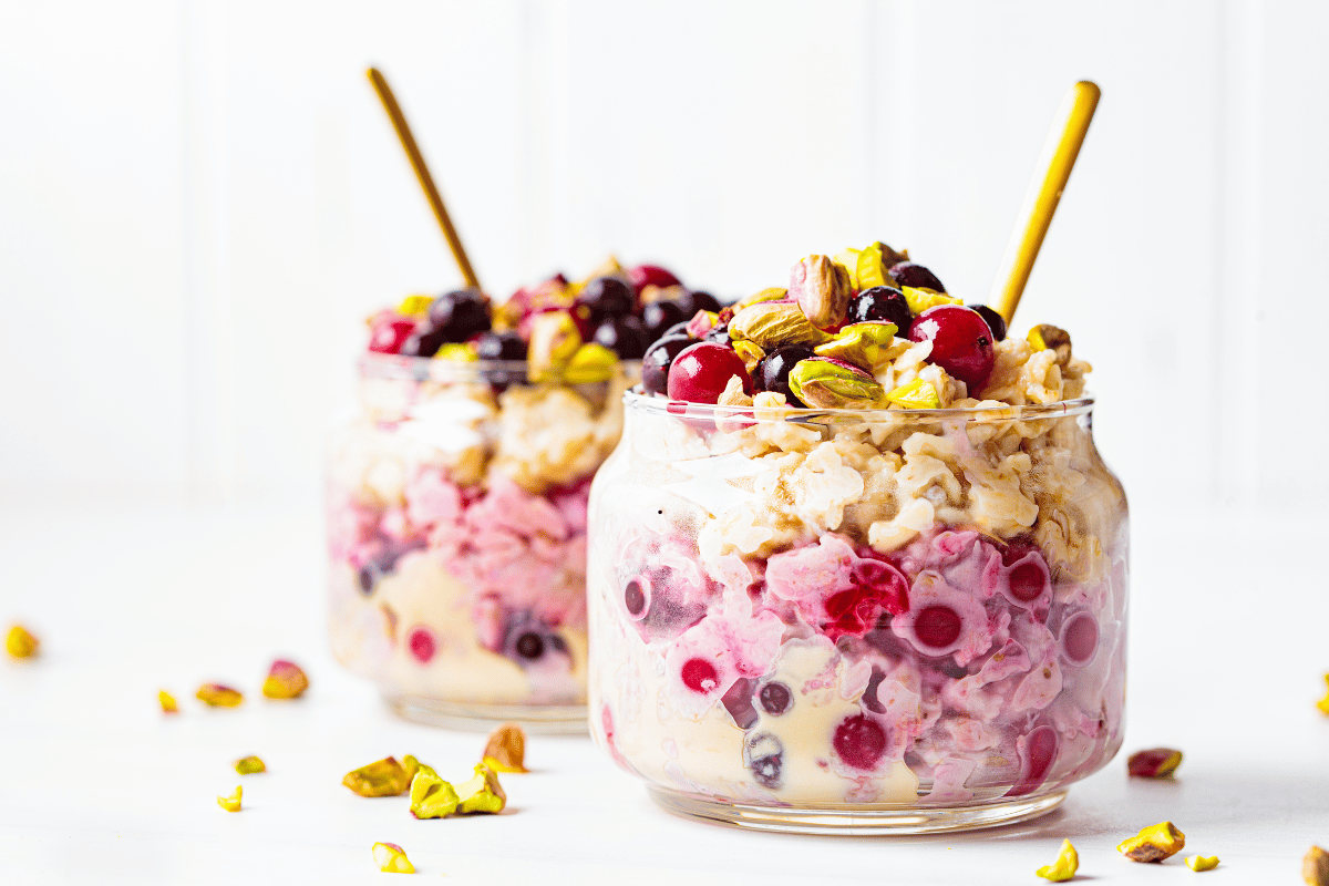 Creamy overnight oats topped with berries and almonds