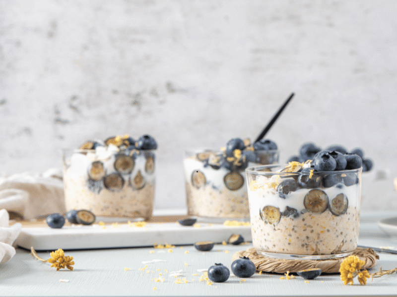 Creamy overnight oats with chia seeds topped with fresh berries