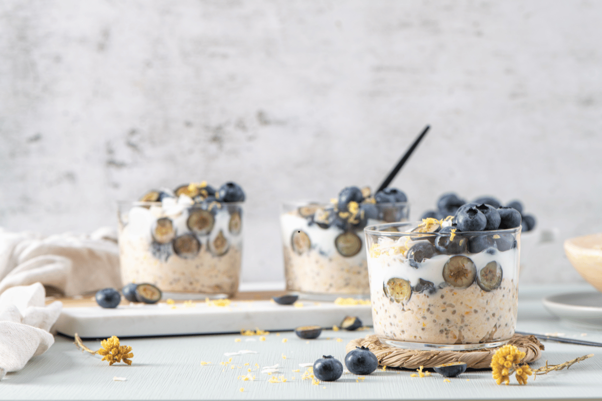 Creamy overnight oats with chia seeds topped with fresh berries