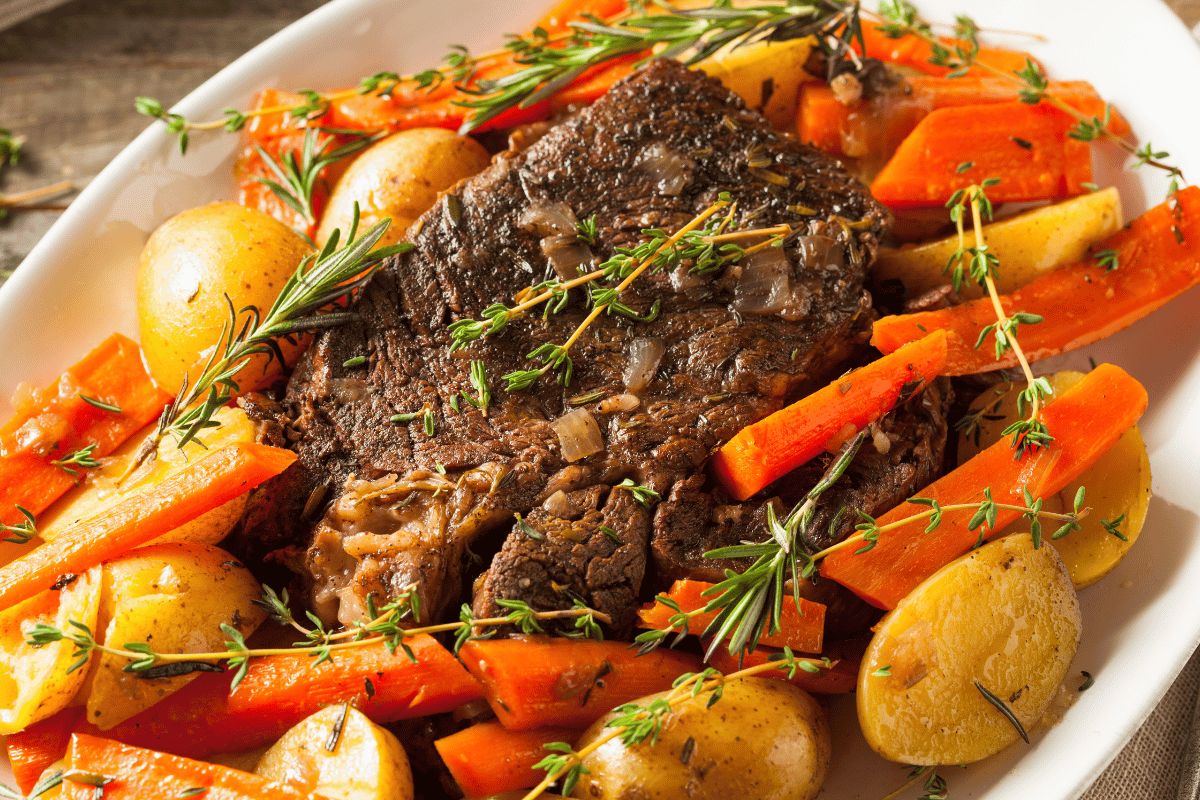 Garlic herb pot roast cooked in a slow cooker