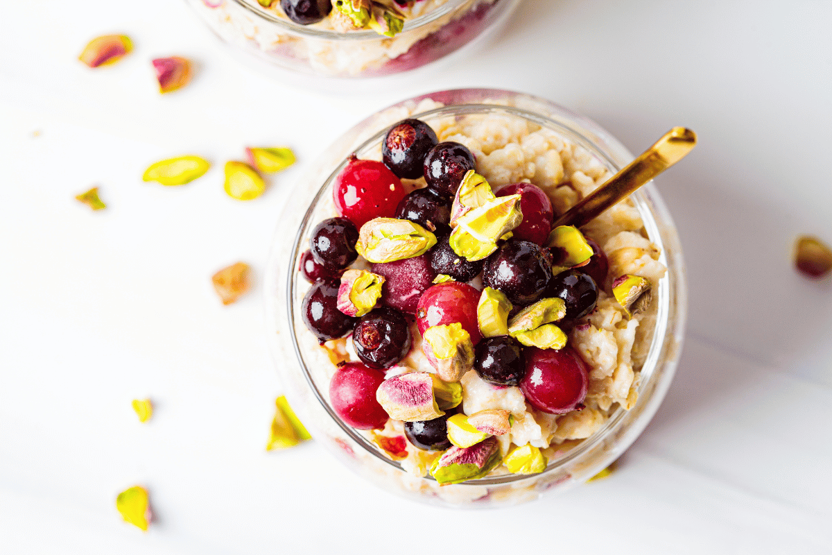 Overnight oats with assorted fruit and nut toppings