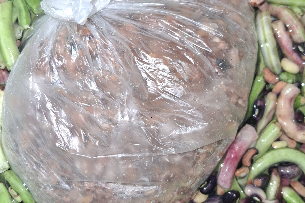 Fresh akidi boiling in a pot with achicha wrapped in nylon during the cooking process