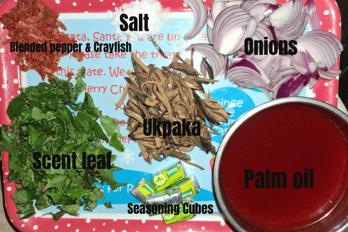 Ingredients for fresh akidi and achicha including fresh akidi, achicha, palm oil, ukpaka, crayfish, onions, pepper, and garden eggs