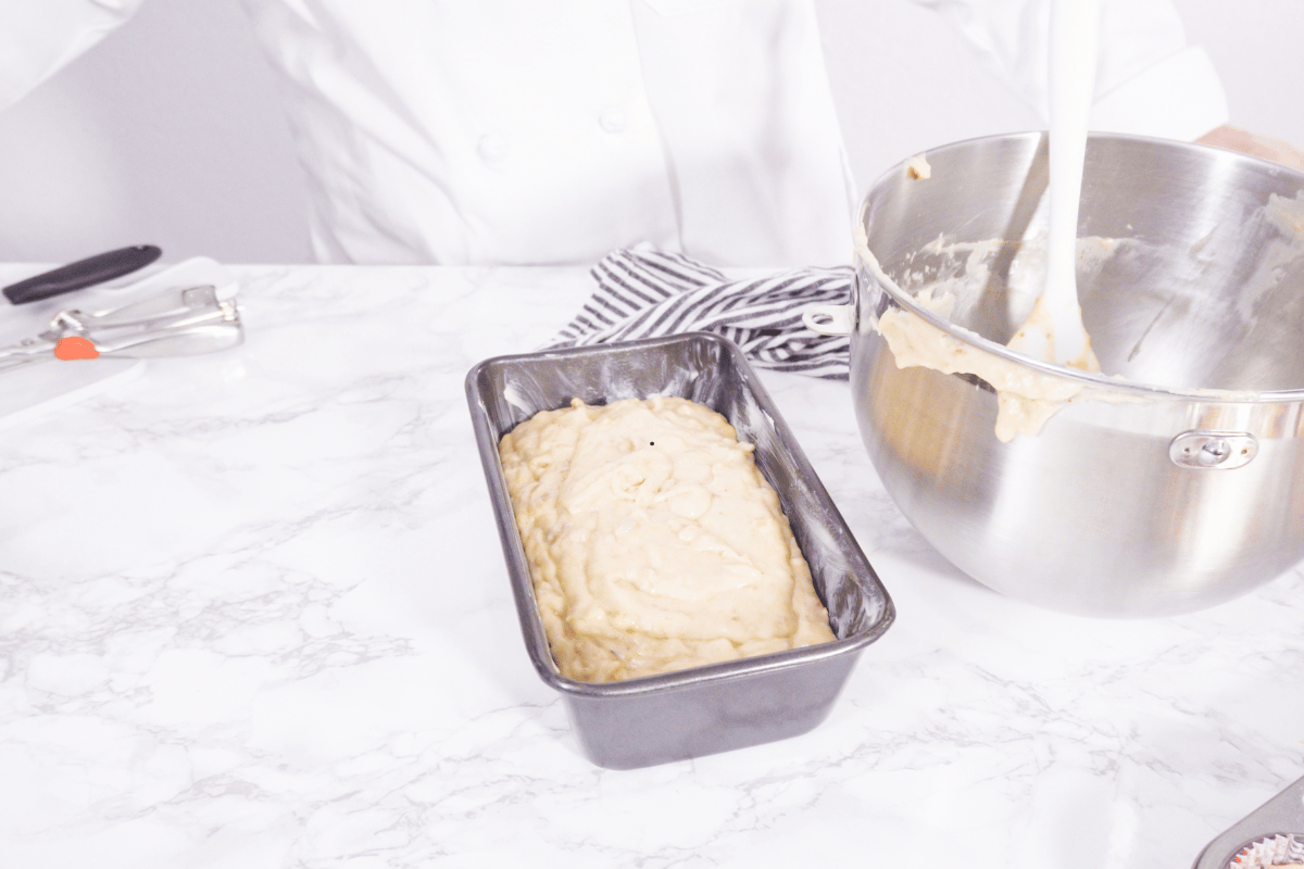   cottage cheese banana bread batter in loaf pan