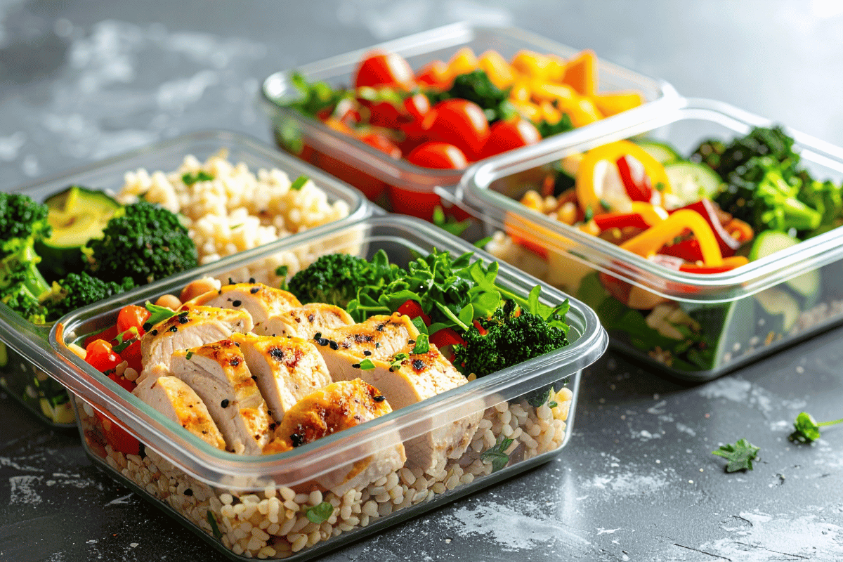 Chicken rice and vegetables in meal prep containers