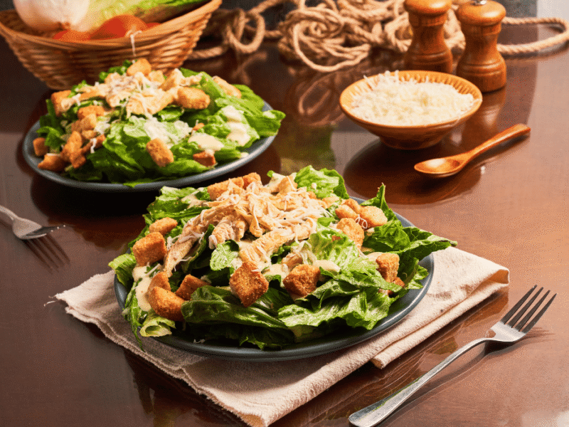 chicken caesar pasta salad with chicken romaine parmesan and croutons