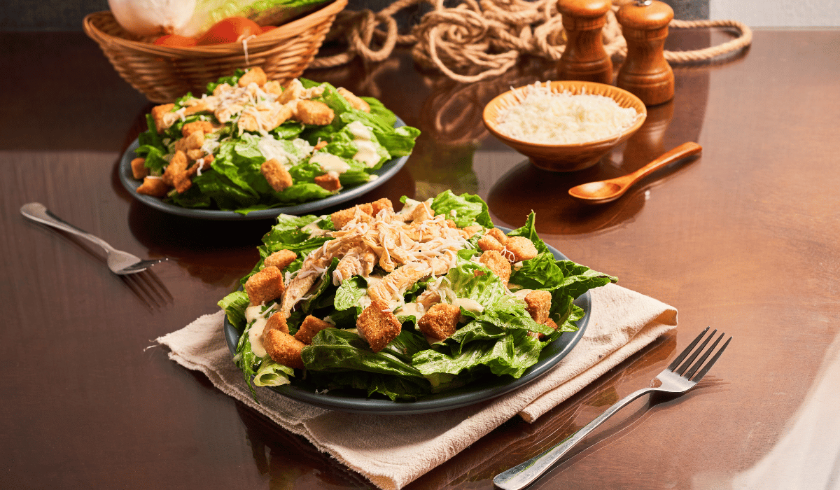 chicken caesar pasta salad with chicken romaine parmesan and croutons